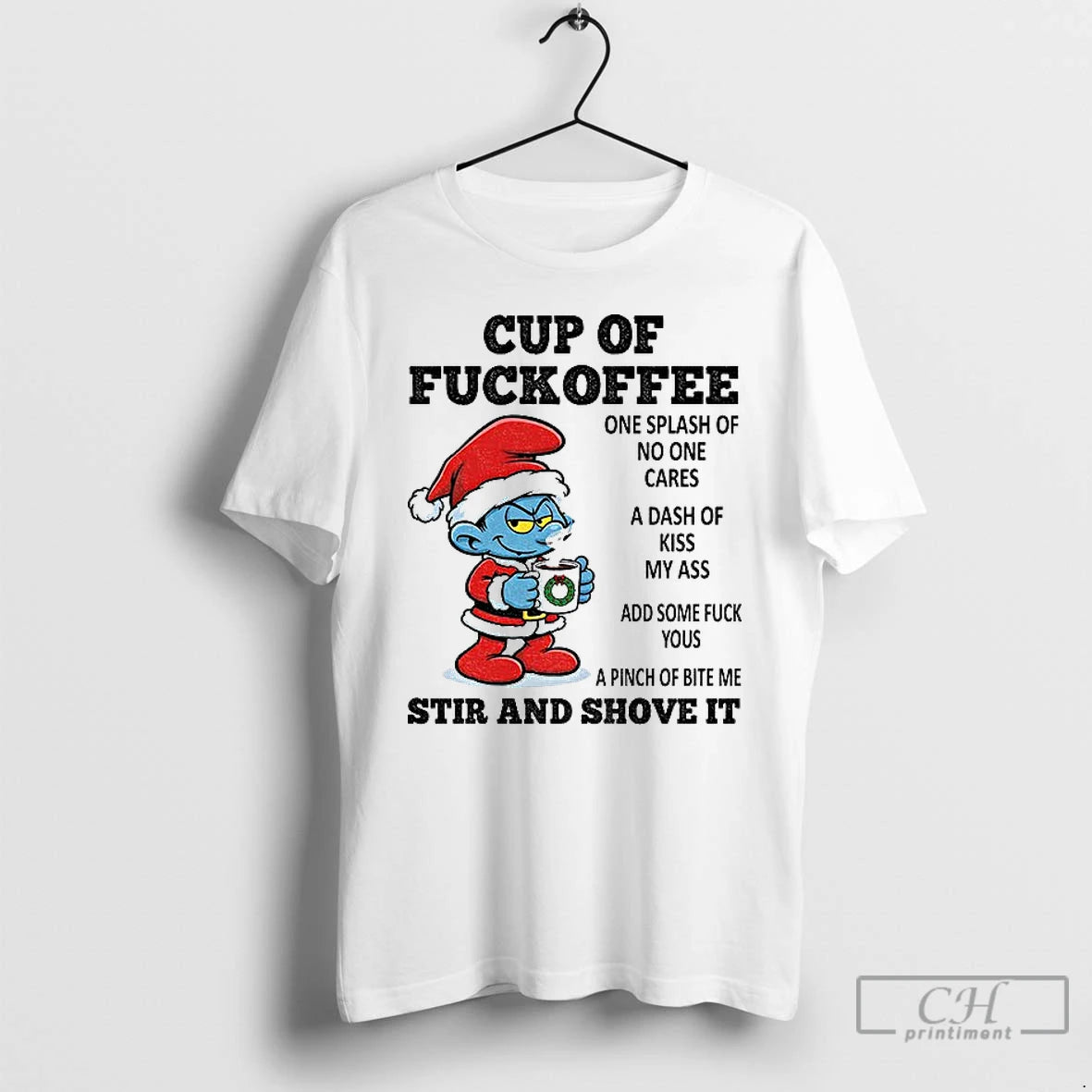 Premium 9yvutauv Smurf Santa Claus Cup Of Fuckoffee One Splash Of No One Cares T-Shirts, Hoodie, Sweatshirt | InkNestWear.com