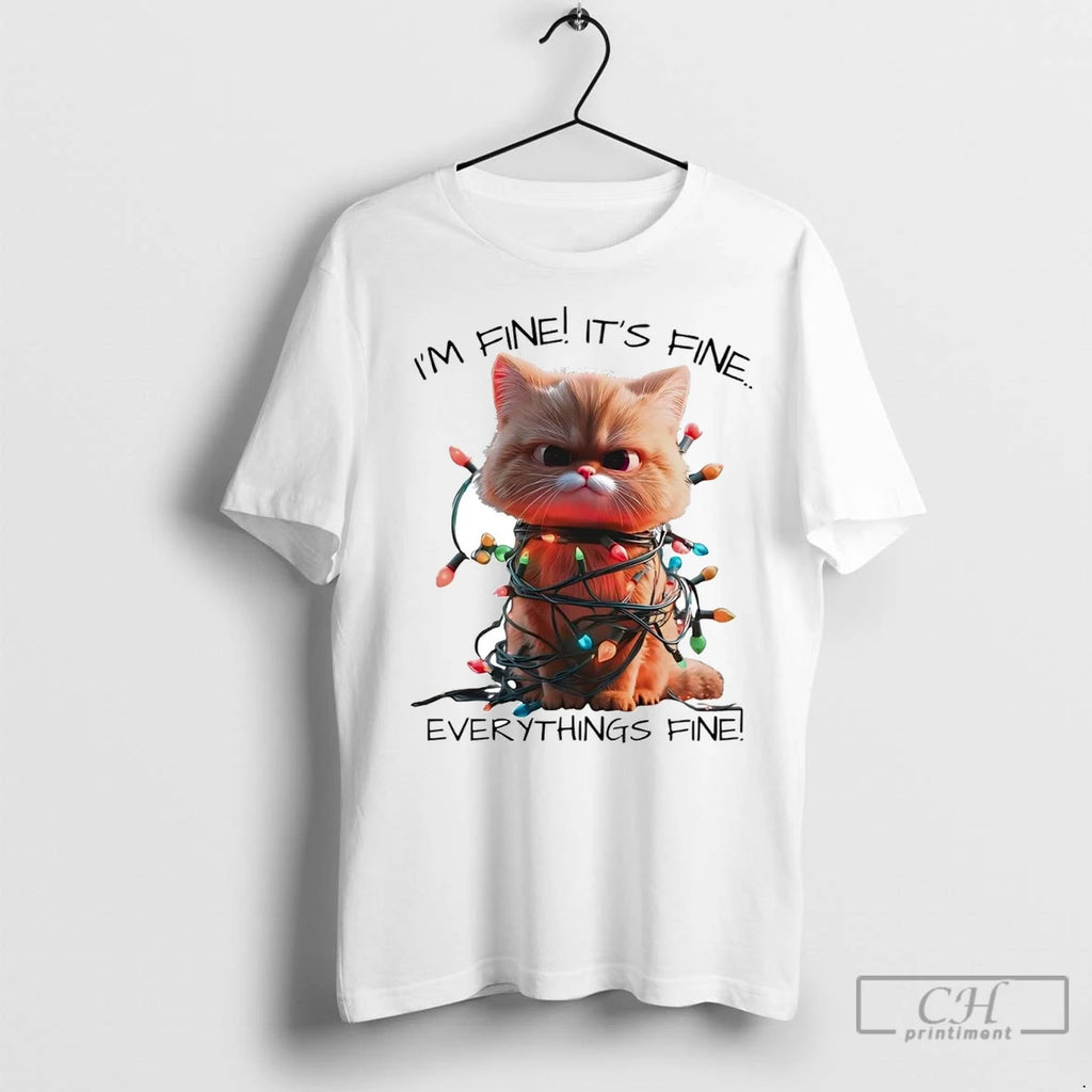Premium Cat Im Fine Its Fine Everythings Fine Christmas Light T-Shirts, Hoodie, Sweatshirt | InkNestWear.com