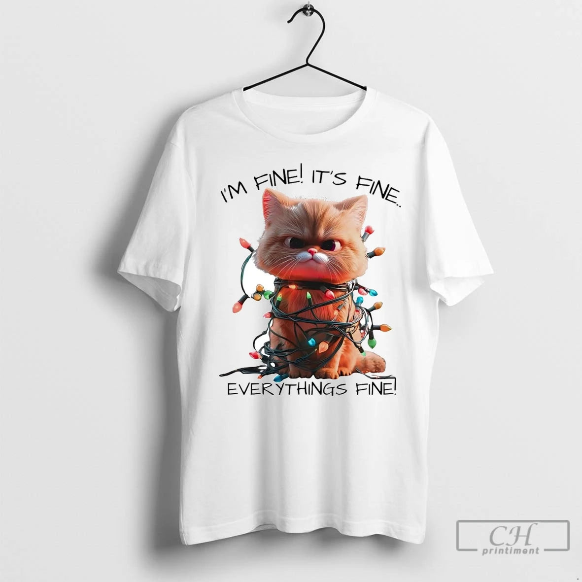 Premium Cat Im Fine Its Fine Everythings Fine Christmas Light T-Shirts, Hoodie, Sweatshirt | InkNestWear.com