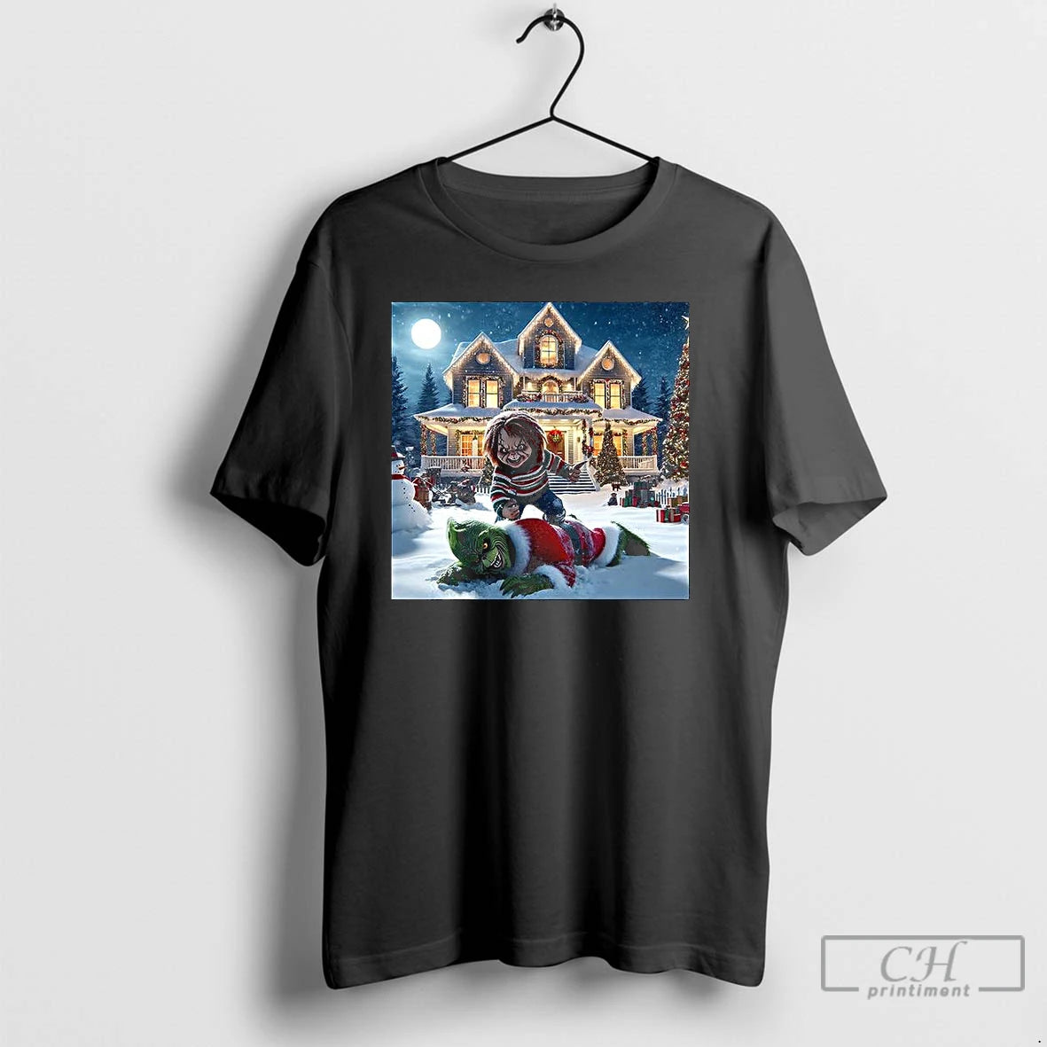 Premium Chucky Chases After The Grinch Horror Christmas T Shirts Hoodie, Sweatshirt | InkNestWear.com