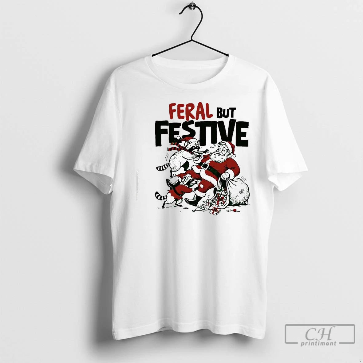 Premium Feral But Festive Raccoons And Santa Claus T-Shirts, Hoodie, Sweatshirt | InkNestWear.com