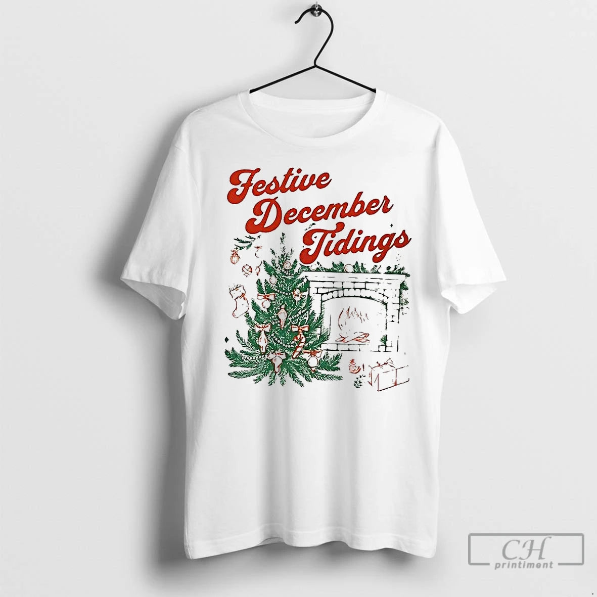 Premium Festive December Tidings Christmas Tree And Fireplace T-Shirts, Hoodie, Sweatshirt | InkNestWear.com