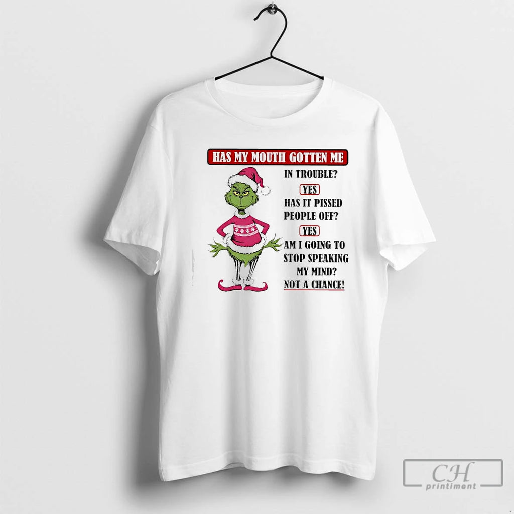 Premium Grinch Santa Has My Mouth Gotten Me In Trouble T-Shirts, Hoodie, Sweatshirt | InkNestWear.com