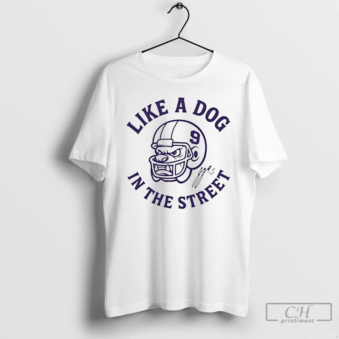 Premium J J Mccarthy Like A Dog In The Street Mascot Helmet Signature T Shirts Hoodie, Sweatshirt | InkNestWear.com