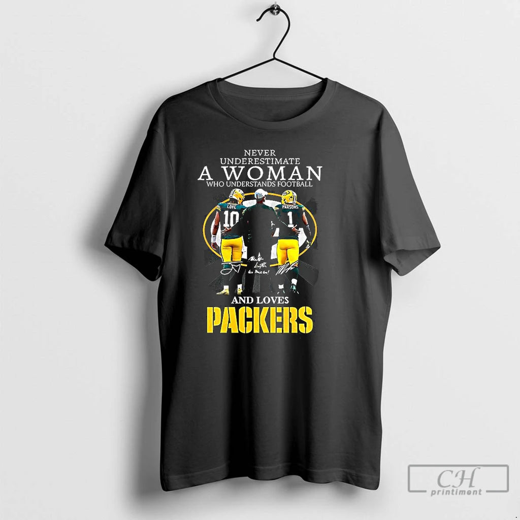 Premium Never Underestimate A Woman Who Loves Packers Matt Lafleur Love Parsons Signature T Shirts Hoodie, Sweatshirt