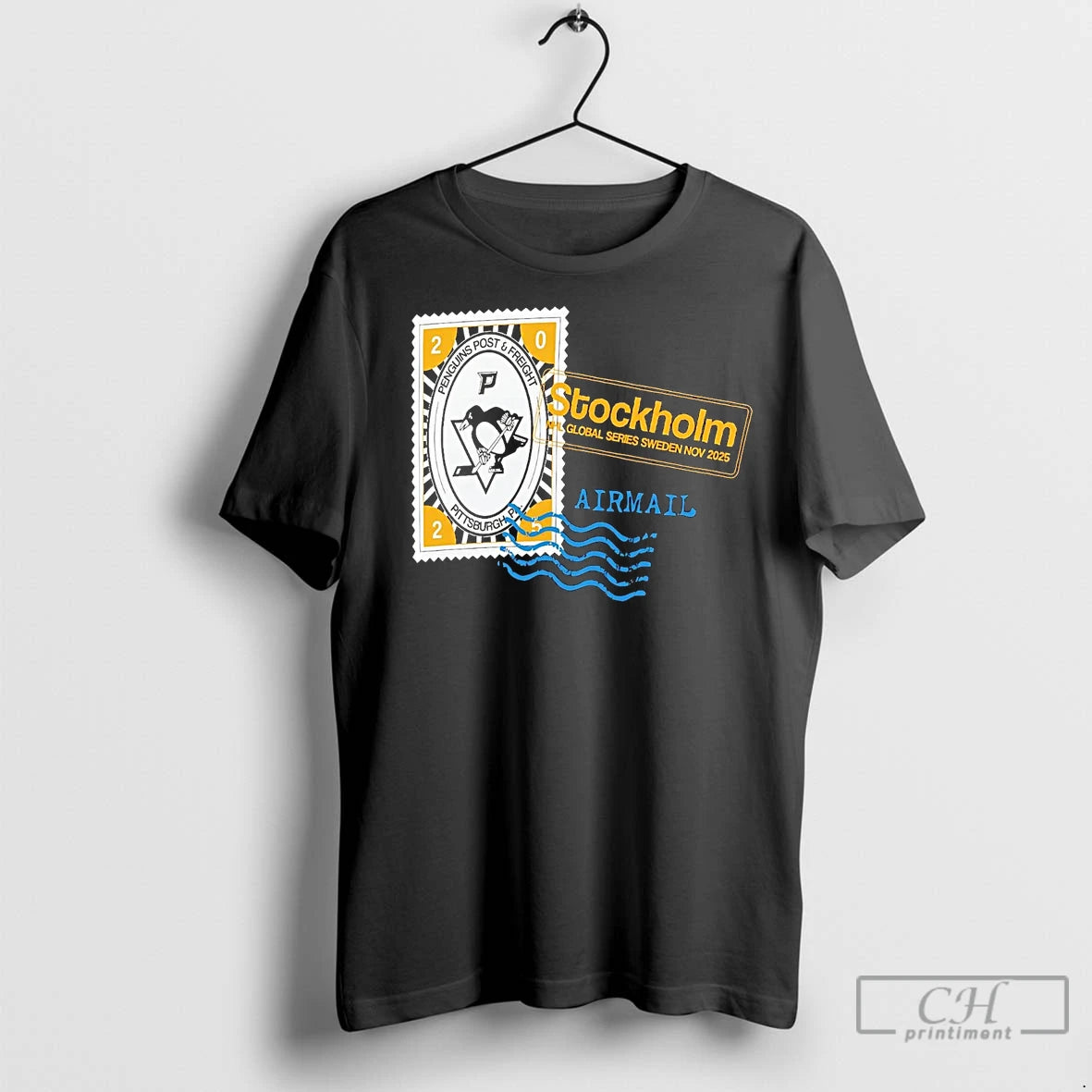 Premium Pittsburgh Penguins 2025 Hometown To Stockholm Airmail Stamp T-Shirts, Hoodie, Sweatshirt | InkNestWear.com