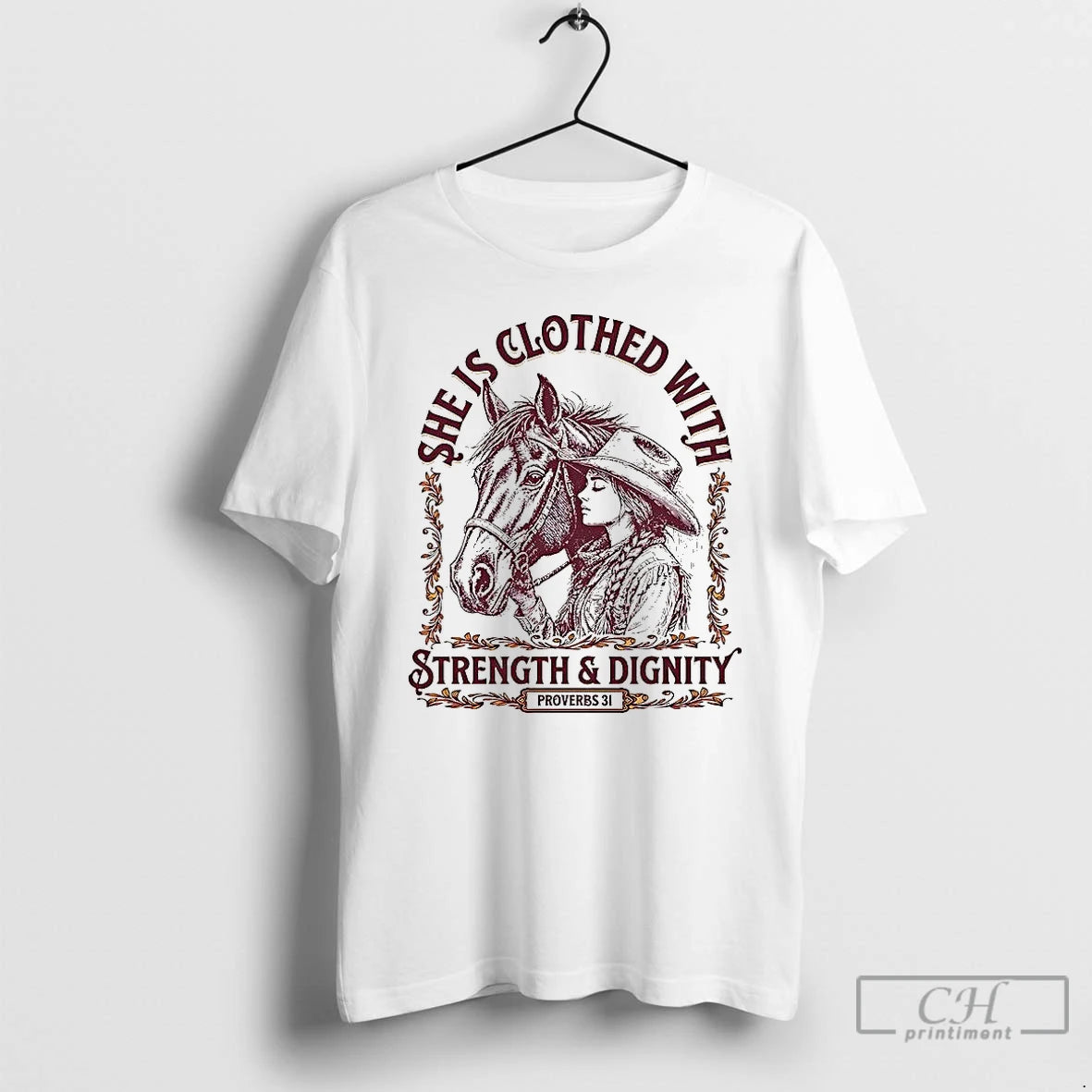 Premium She Is Clothed With Strength And Dignity Proverbs 31 Cowgirl And Horse T Shirts Hoodie, Sweatshirt | InkNestWear.com