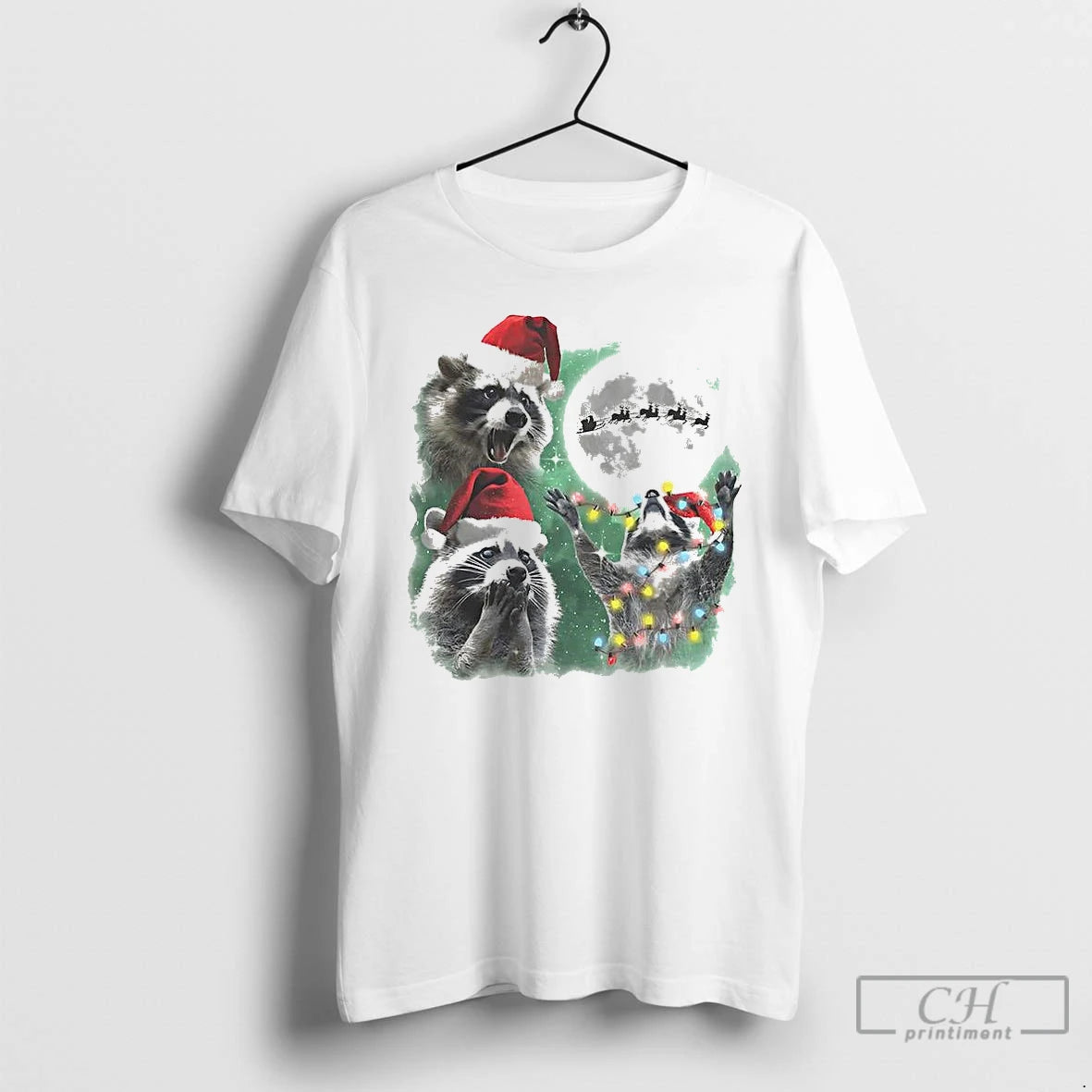 Premium Three Raccoons With The Lamp String Under Moon Christmas T-Shirts, Hoodie, Sweatshirt | InkNestWear.com