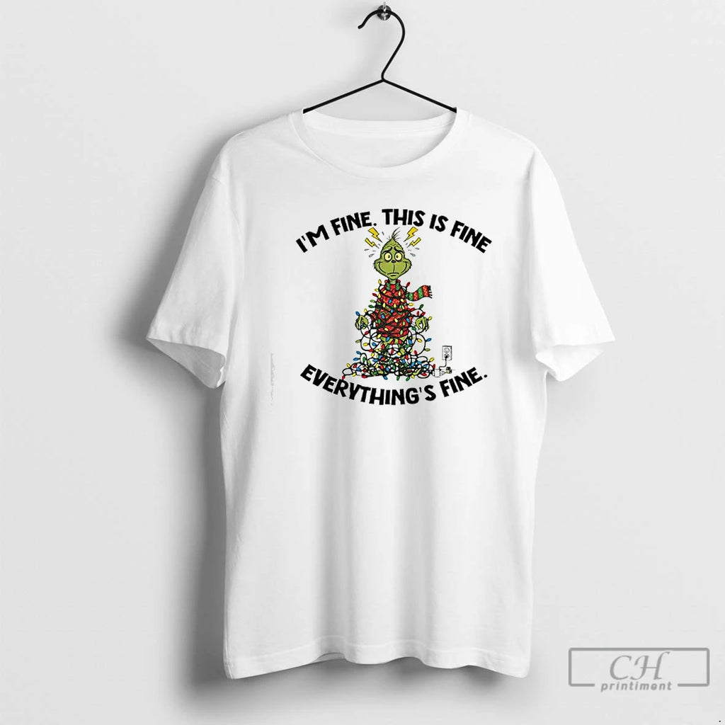 Premium Xmas Grinch X Christmas Lights Im Fine This Is Fine Everythings Fine T Shirts Hoodie, Sweatshirt | InkNestWear.com