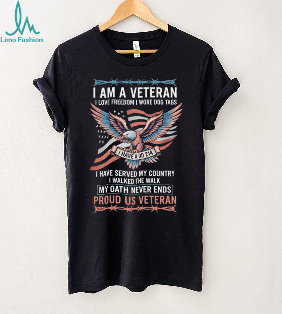 Proud US Veteran DD214 Oath Never Ends T Shirt with Eagle & Barbwire