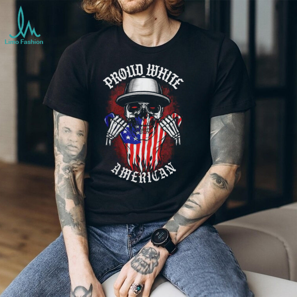 Proud White American Skull USA Flag T Shirt Patriotic Biker Graphic Tee