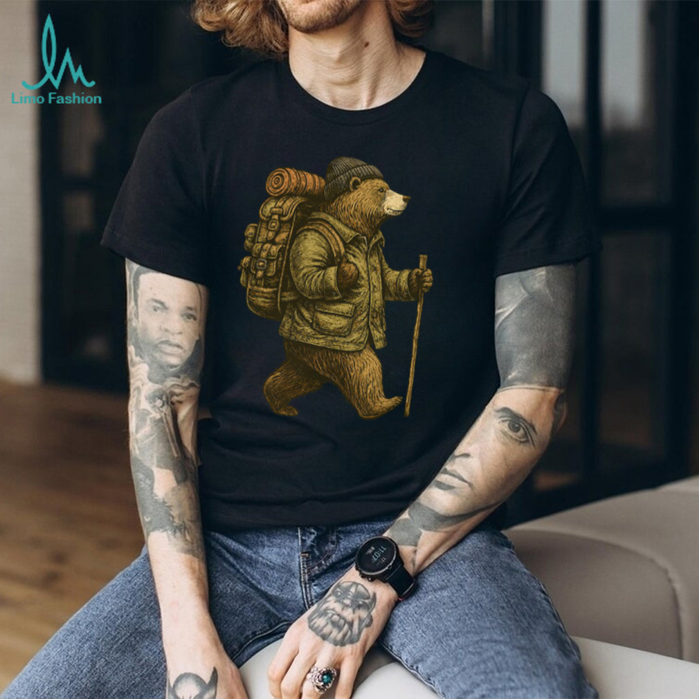 Retro Hiking Bear with Backpack and Walking Stick T Shirt