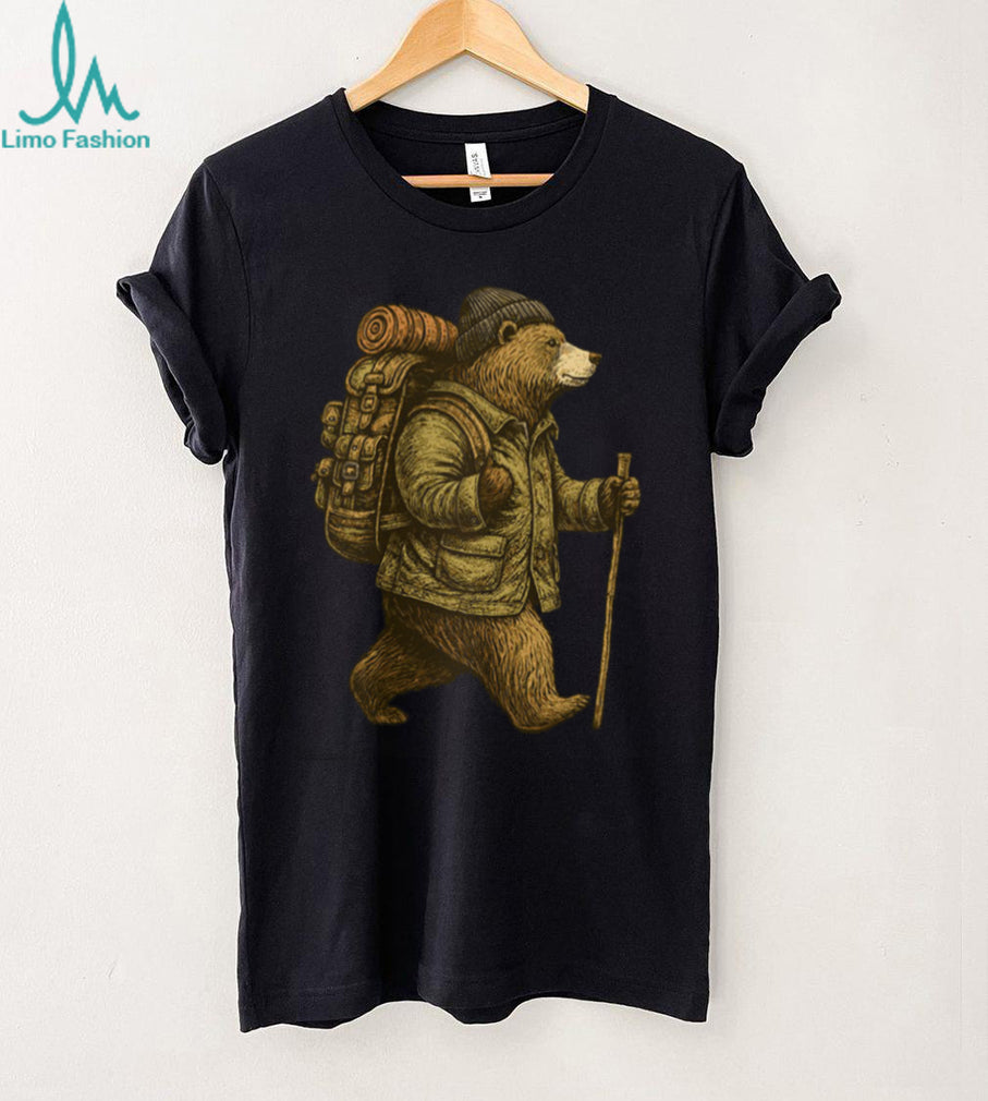 Retro Hiking Bear with Backpack and Walking Stick T Shirt