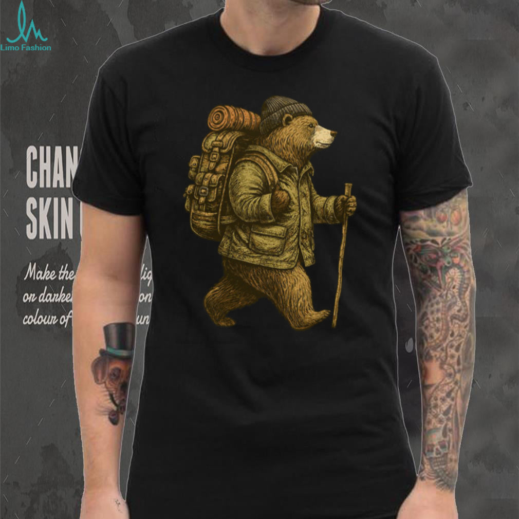 Retro Hiking Bear with Backpack and Walking Stick T Shirt