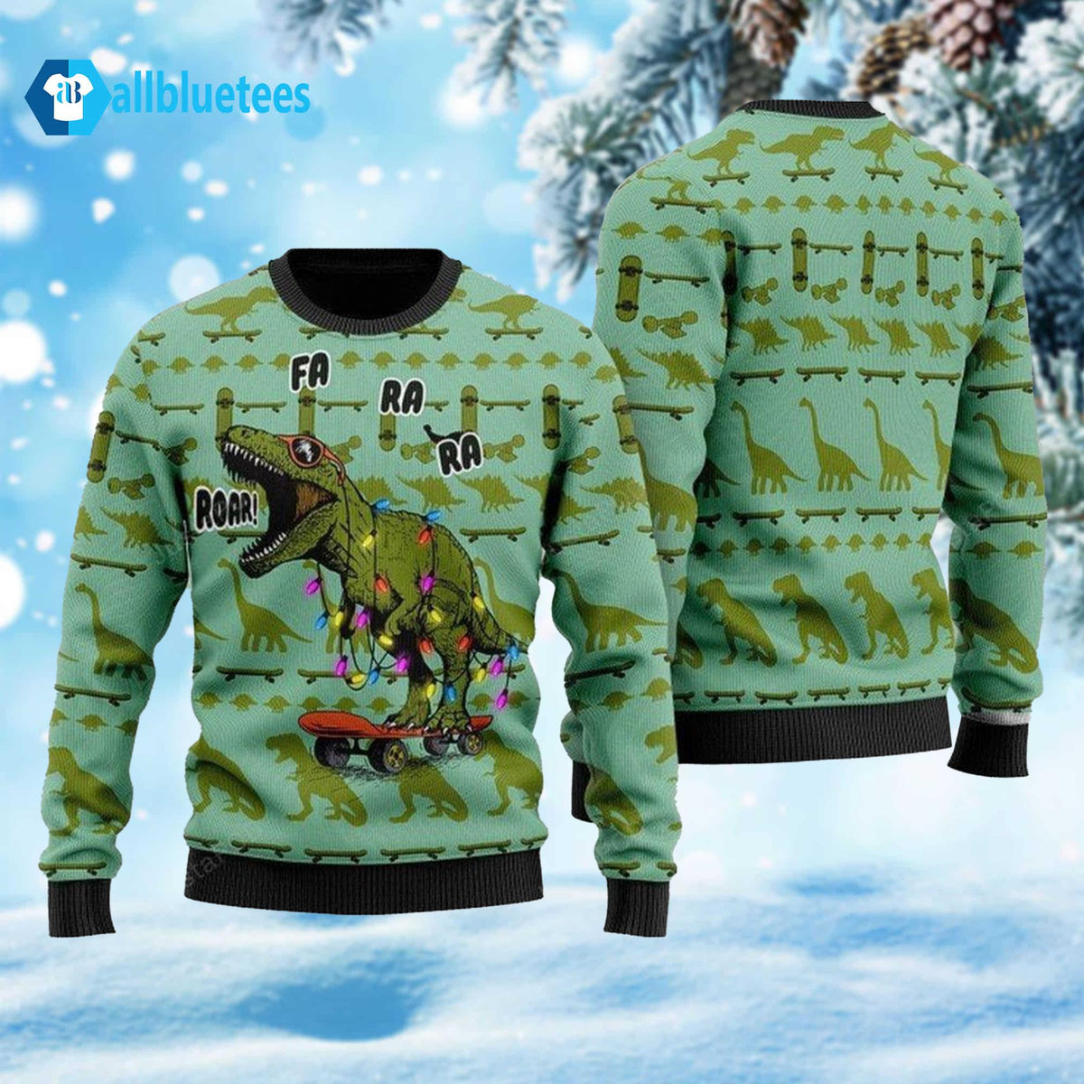 Skateboard Dinosaur Ugly Christmas Sweater