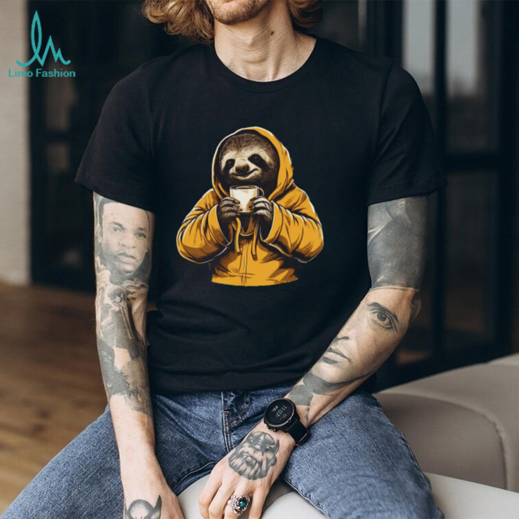 Sloth in Yellow Hoodie Drinking Coffee Slow Morning T Shirt