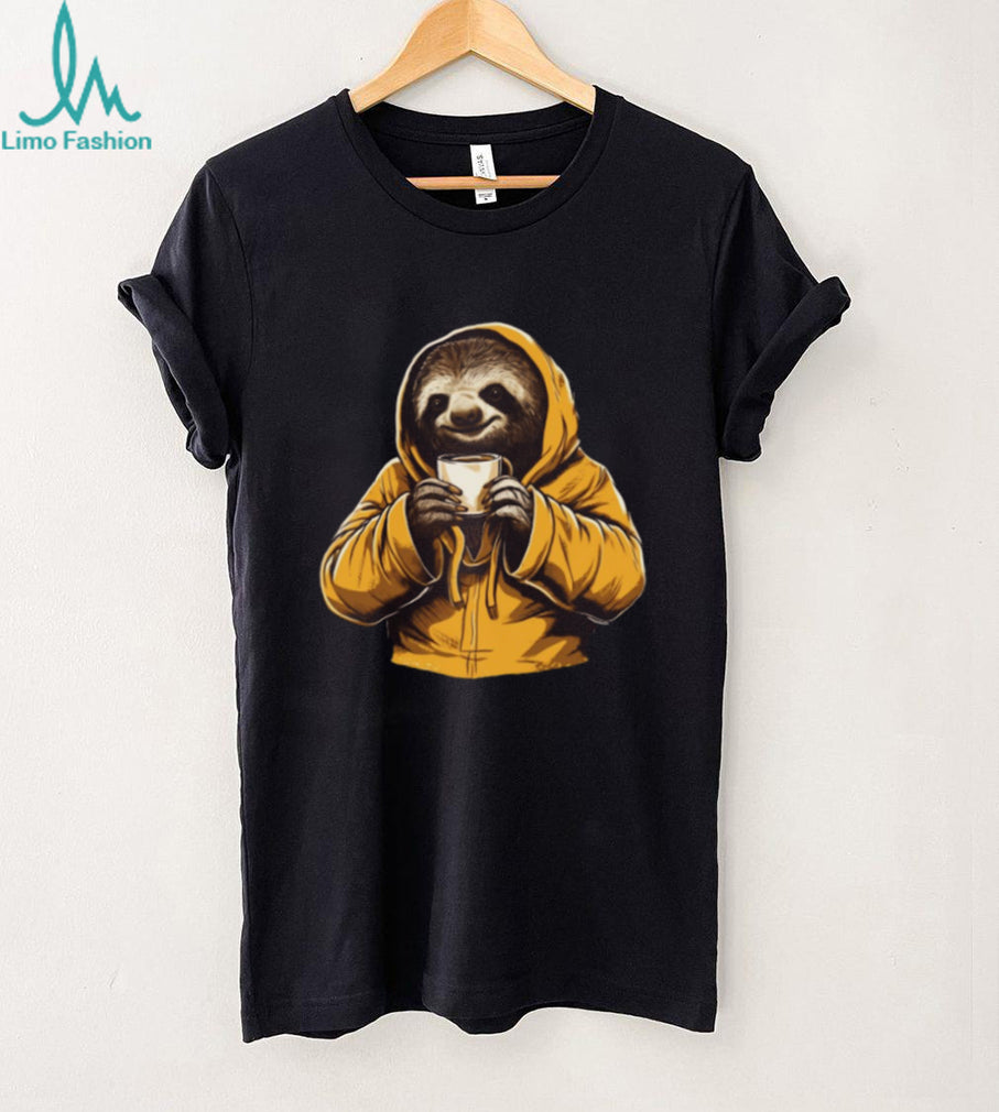 Sloth in Yellow Hoodie Drinking Coffee Slow Morning T Shirt