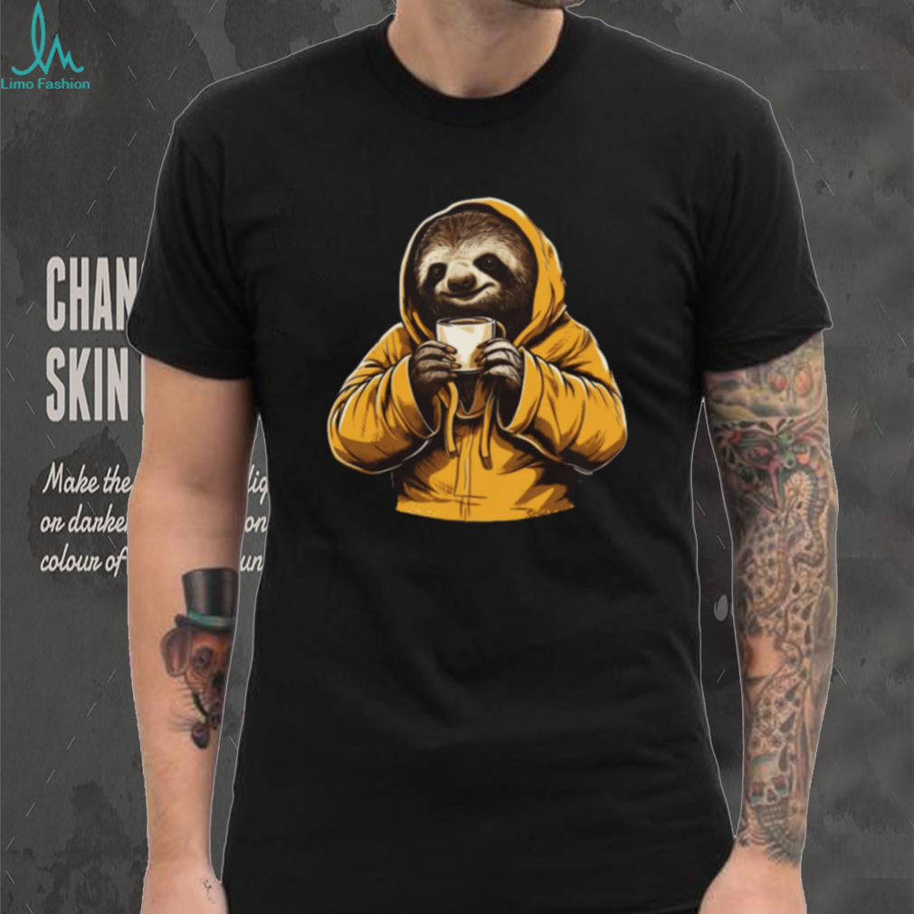Sloth in Yellow Hoodie Drinking Coffee Slow Morning T Shirt