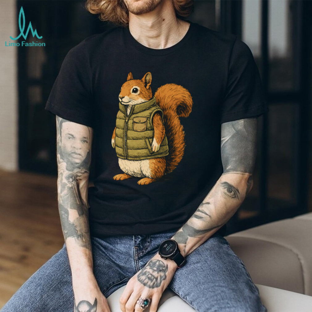 Squirrel in Puffy Vest Graphic T Shirt Cute Outdoorsy Animal Apparel
