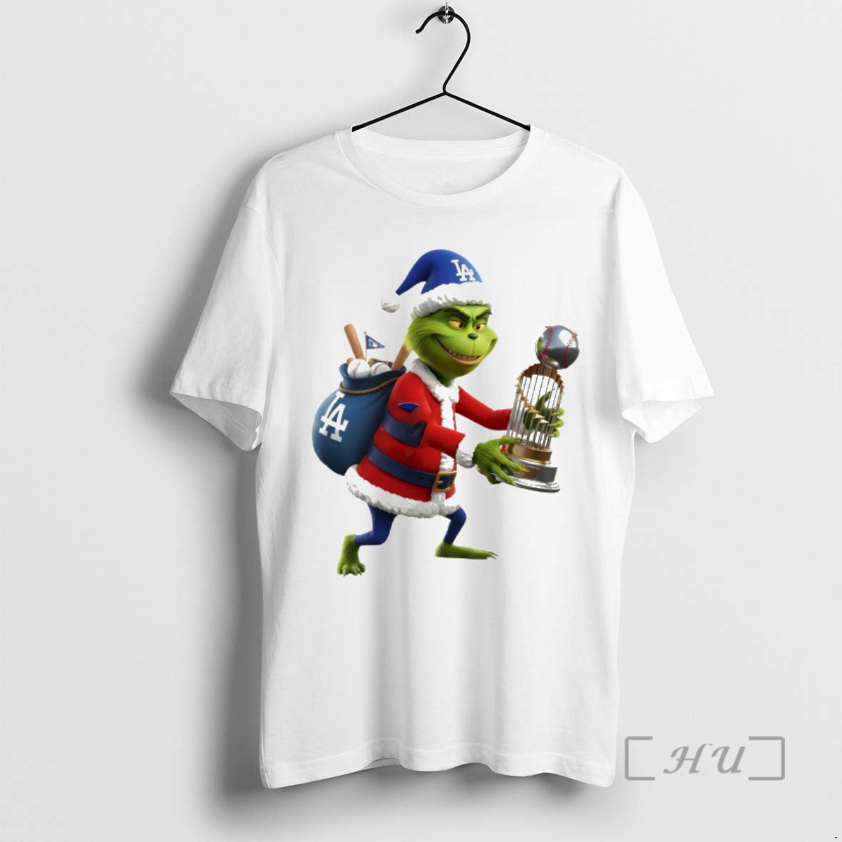Trending Grinch Santa Claus Holding Trophy Los Angeles Dodgers Mlb Baseball 2025 Premium T Shirts Hoodie, Sweatshirt