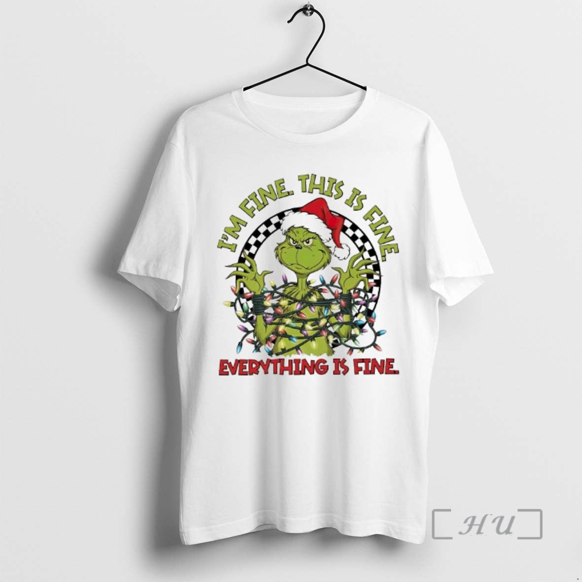 Trending Im Fine This Is Fine Everythings Fine Christmas Lights Grinch Santa Premium T Shirts Hoodie, Sweatshirt