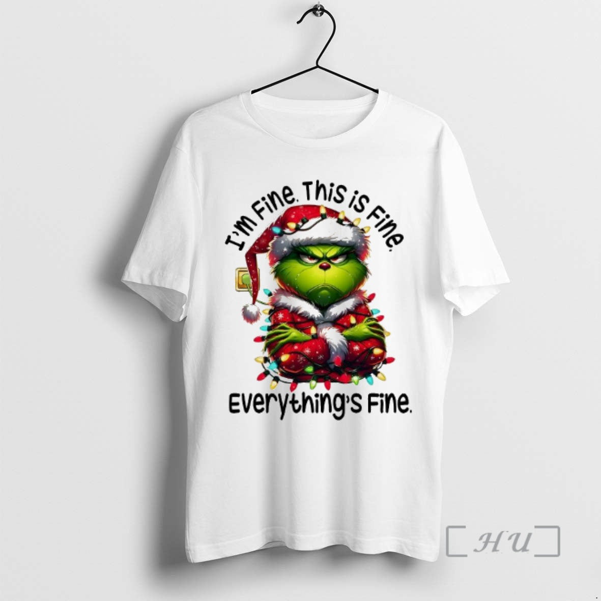 Trending Im Fine This Is Fine Everythings Fine Christmas Lights With Grinch Premium T Shirts Hoodie, Sweatshirt
