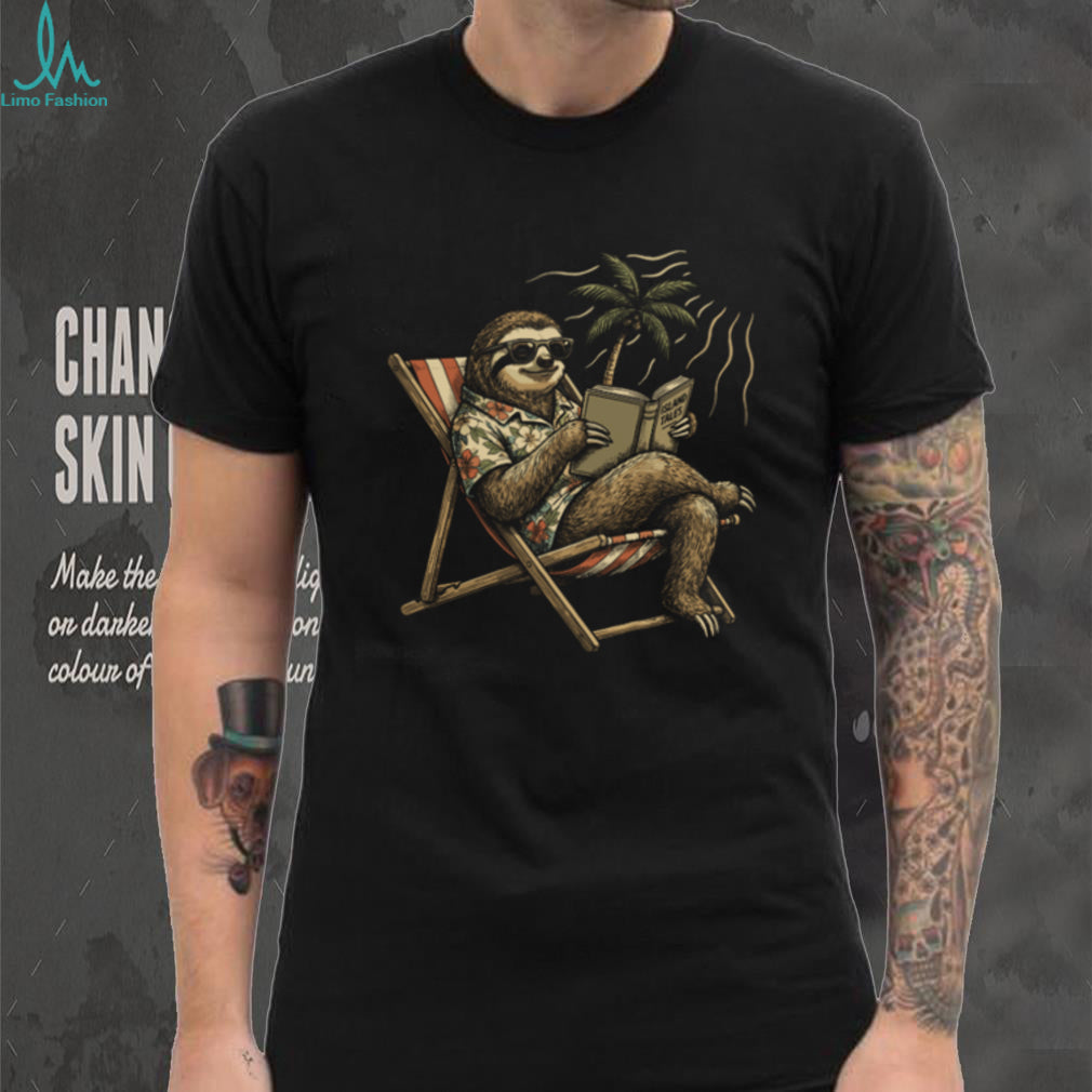 Tropical Sloth Relaxing in Beach Chair Shirt Island Tales Vacation Tee