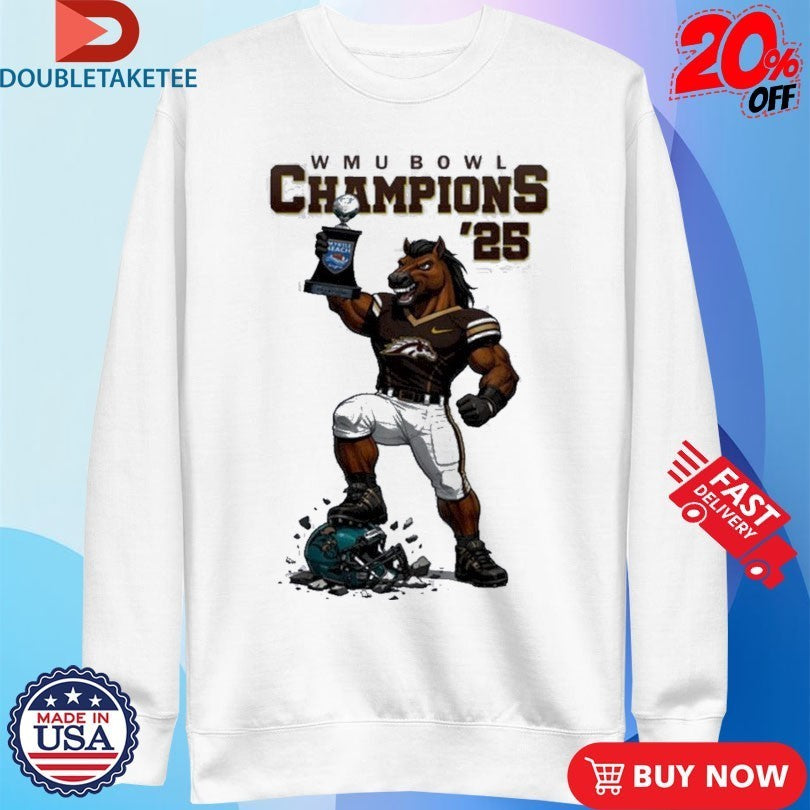 Western Michigan Broncos Myrtle Beach Bowl Champions 2025 Mascot Trophy Shirts