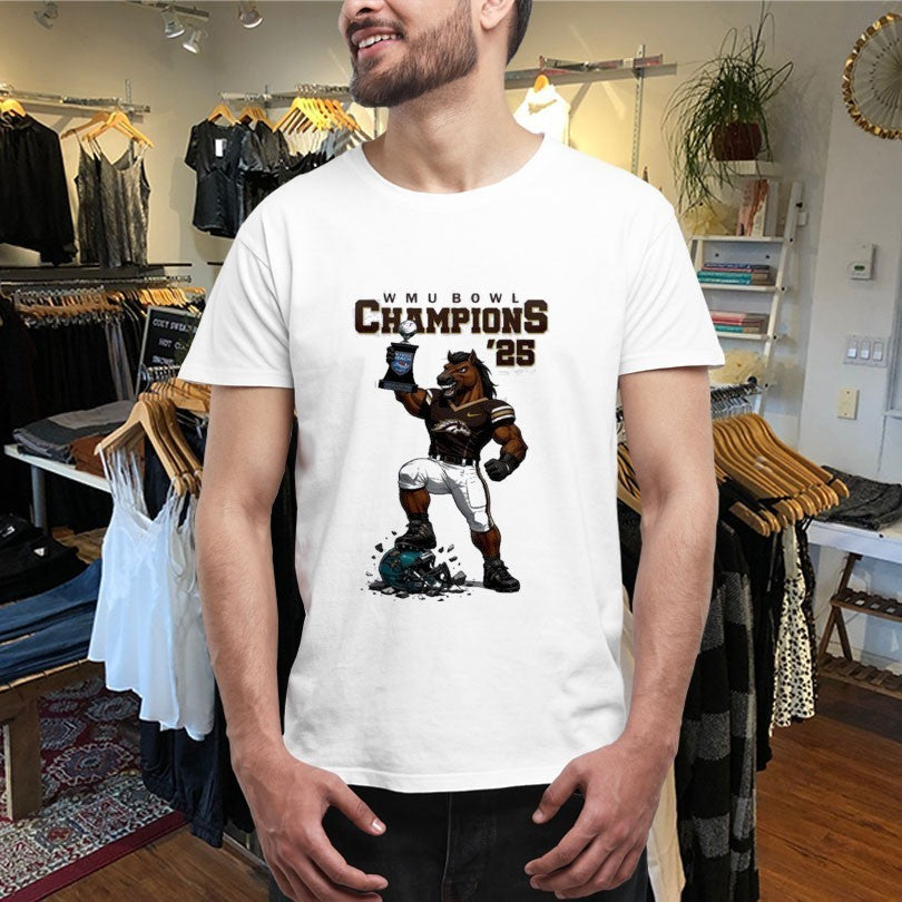 Western Michigan Broncos Myrtle Beach Bowl Champions 2025 Mascot Trophy Shirts