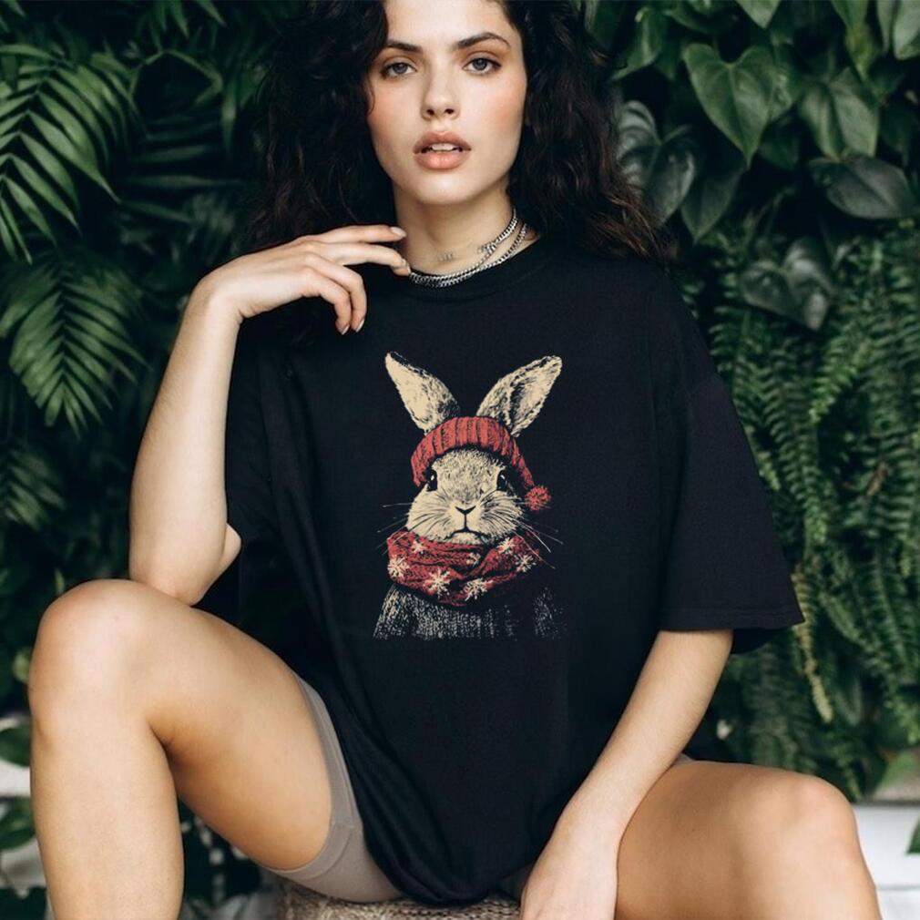 Winter Bunny Rabbit in Red Knit Hat and Snowflake Scarf Tee