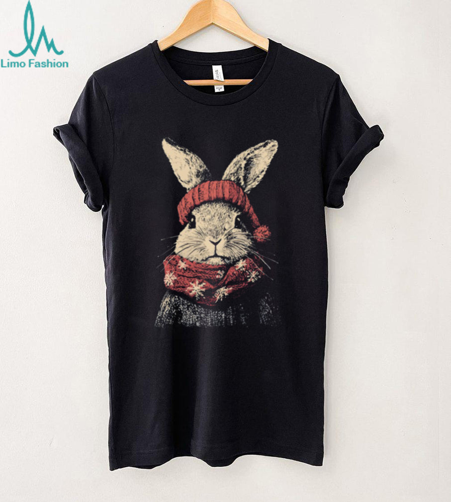 Winter Bunny Rabbit in Red Knit Hat and Snowflake Scarf Tee