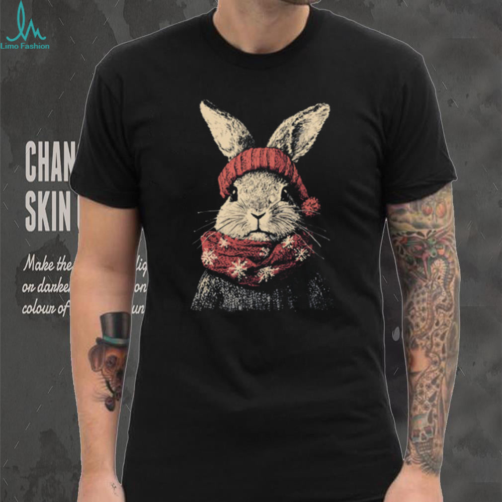 Winter Bunny Rabbit in Red Knit Hat and Snowflake Scarf Tee