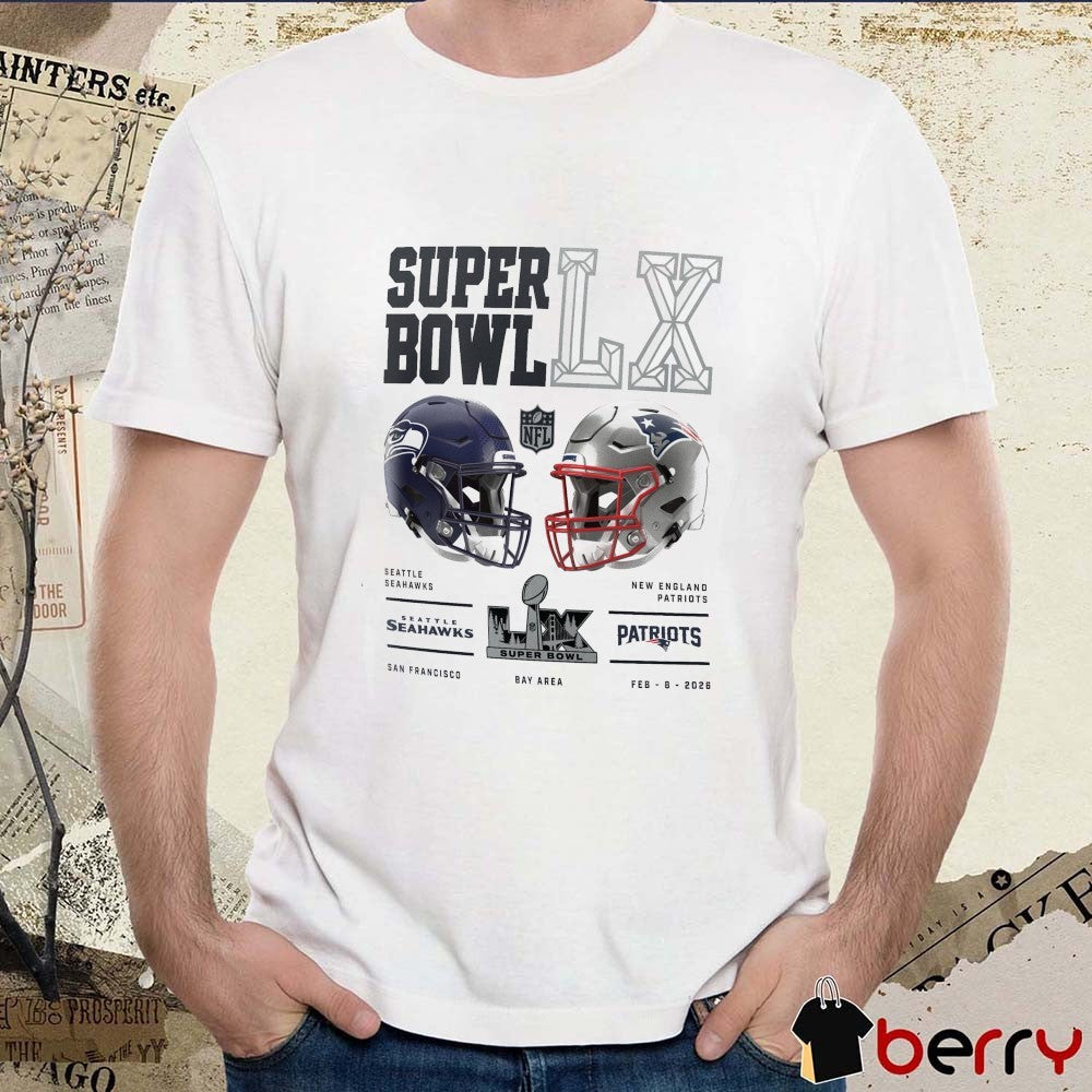 New England Patriots vs. Seattle Seahawks Super Bowl LX Dueling Helmets t-shirt