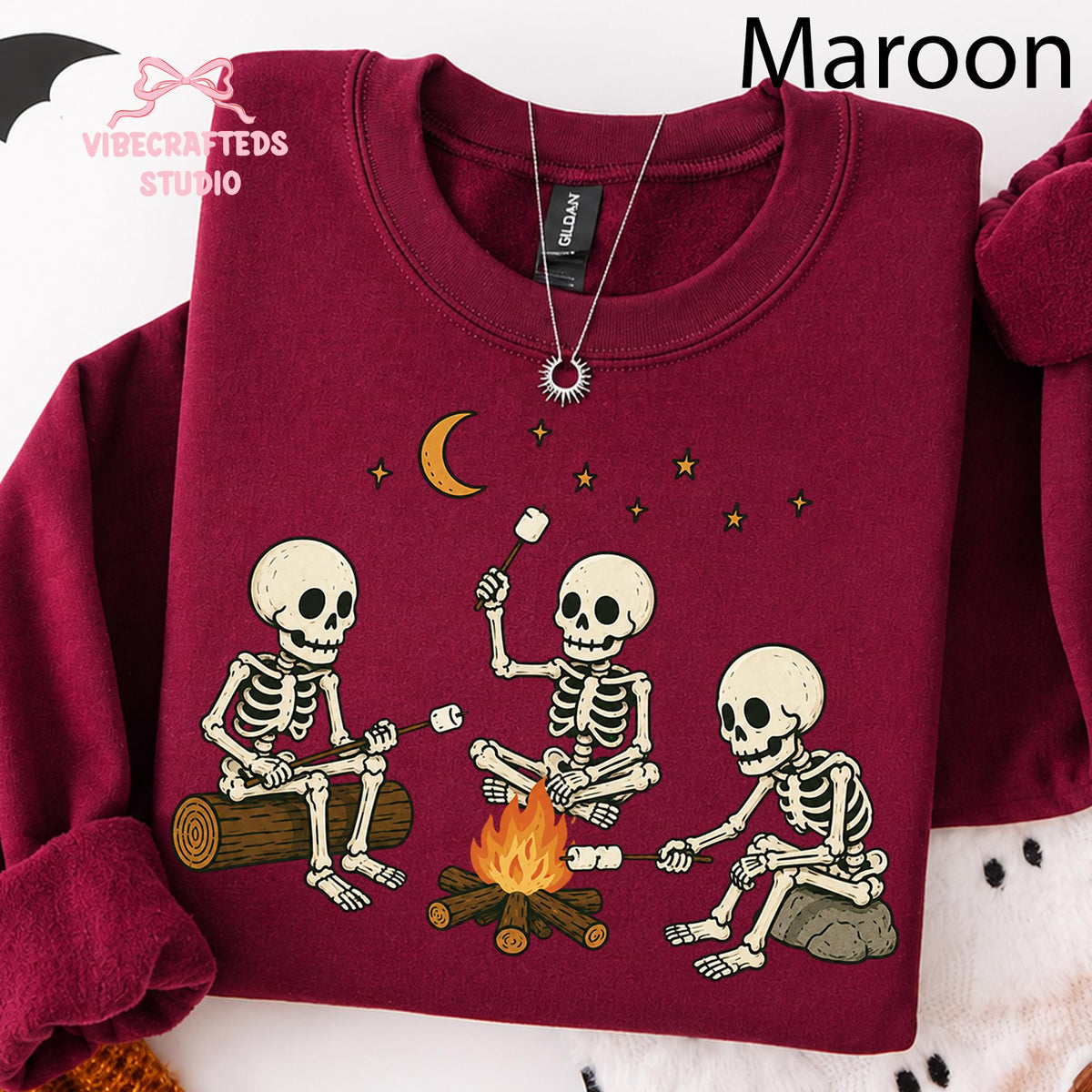 Skeleton Camping Three Skeletons Roasting Marshmallows Around Campfire Halloween Outdoor (3)