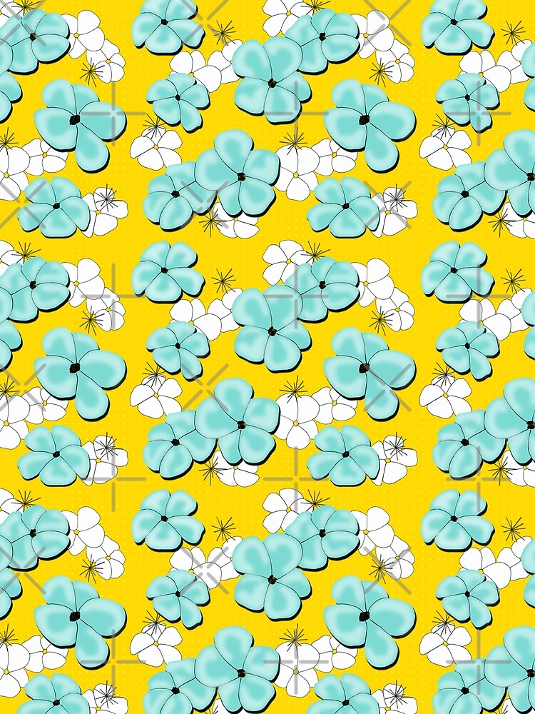 Painted Poppies - Aqua and White on Yellow by bmfabricdesigns