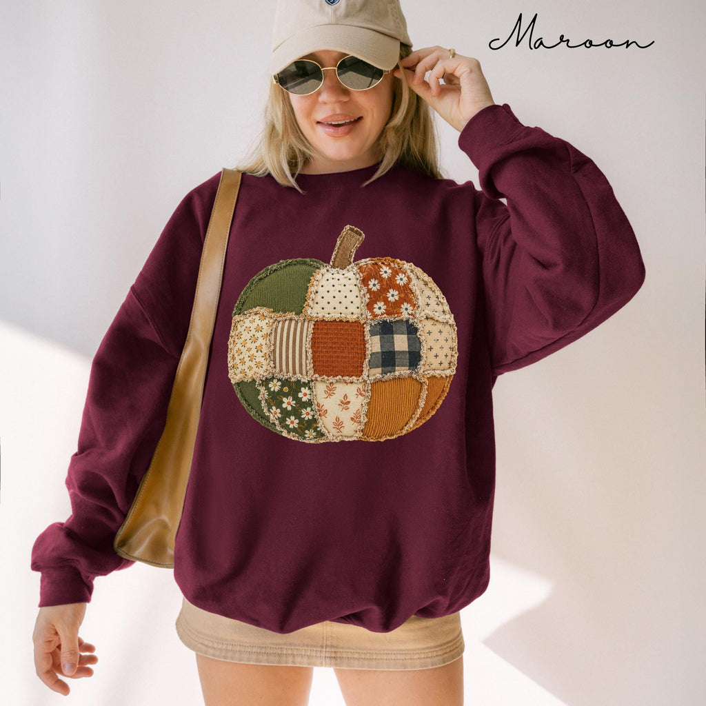 Quilted Faux Patchwork Fall Pumpkin Comfort Colors Autumn Thanksgiving Sweater Checkered Pumpkins Tee (4)