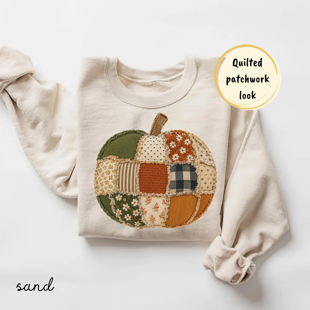 Quilted Faux Patchwork Fall Pumpkin Comfort Colors Autumn Thanksgiving Sweater Checkered Pumpkins Tee (1)