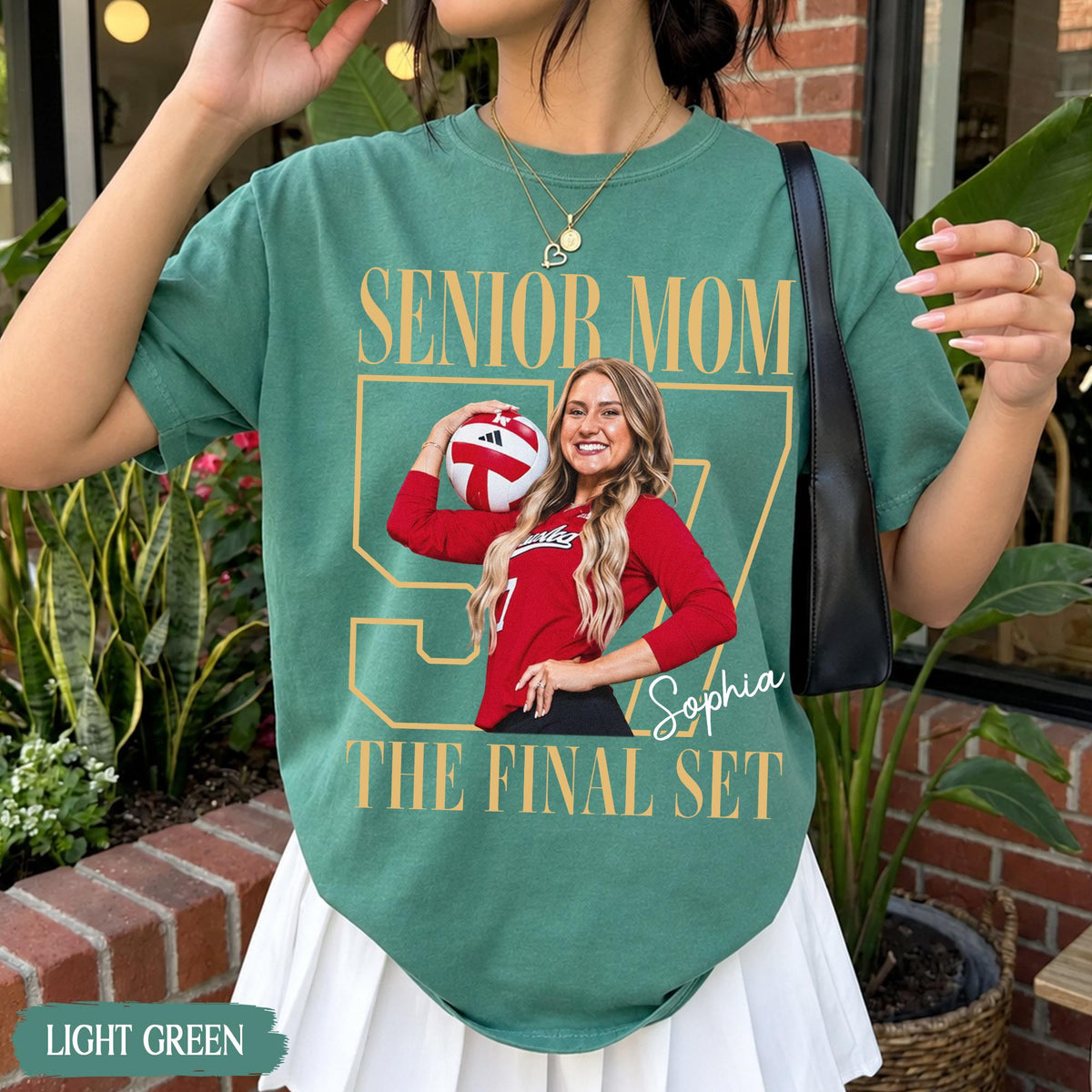 Personalised Vintage Photo Senior Mom Volleyball Custom Name Jersey Number Class 2027 Game Day Matching Family Tee (5)