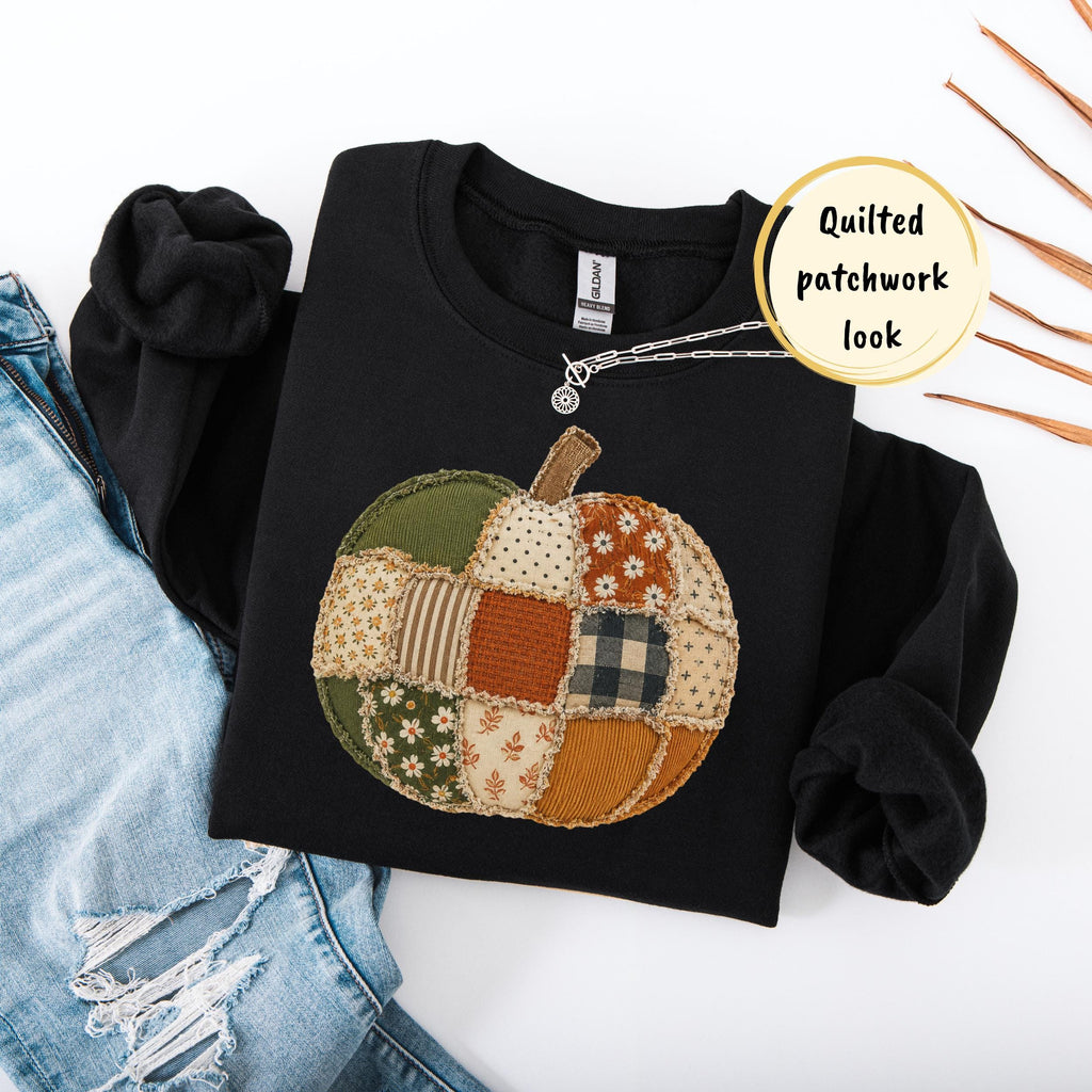 Quilted Faux Patchwork Fall Pumpkin Comfort Colors Autumn Thanksgiving Sweater Checkered Pumpkins Tee (5)
