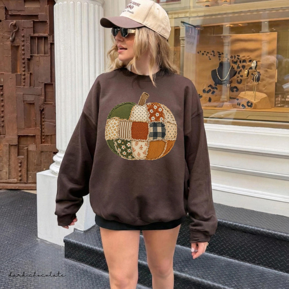 Quilted Faux Patchwork Fall Pumpkin Comfort Colors Autumn Thanksgiving Sweater Checkered Pumpkins Tee (3)