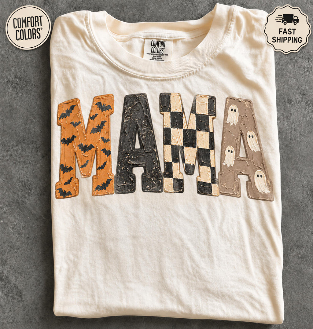 Comfort Color Halloween Mama Spooky Mom Tee Bat Ghost Checkered Letters Fall Mother Boo Q1045 (2)