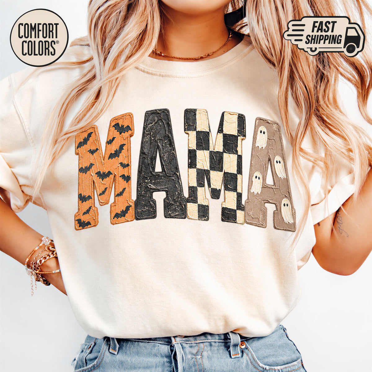 Comfort Color Halloween Mama Spooky Mom Tee Bat Ghost Checkered Letters Fall Mother Boo Q1045 (1)