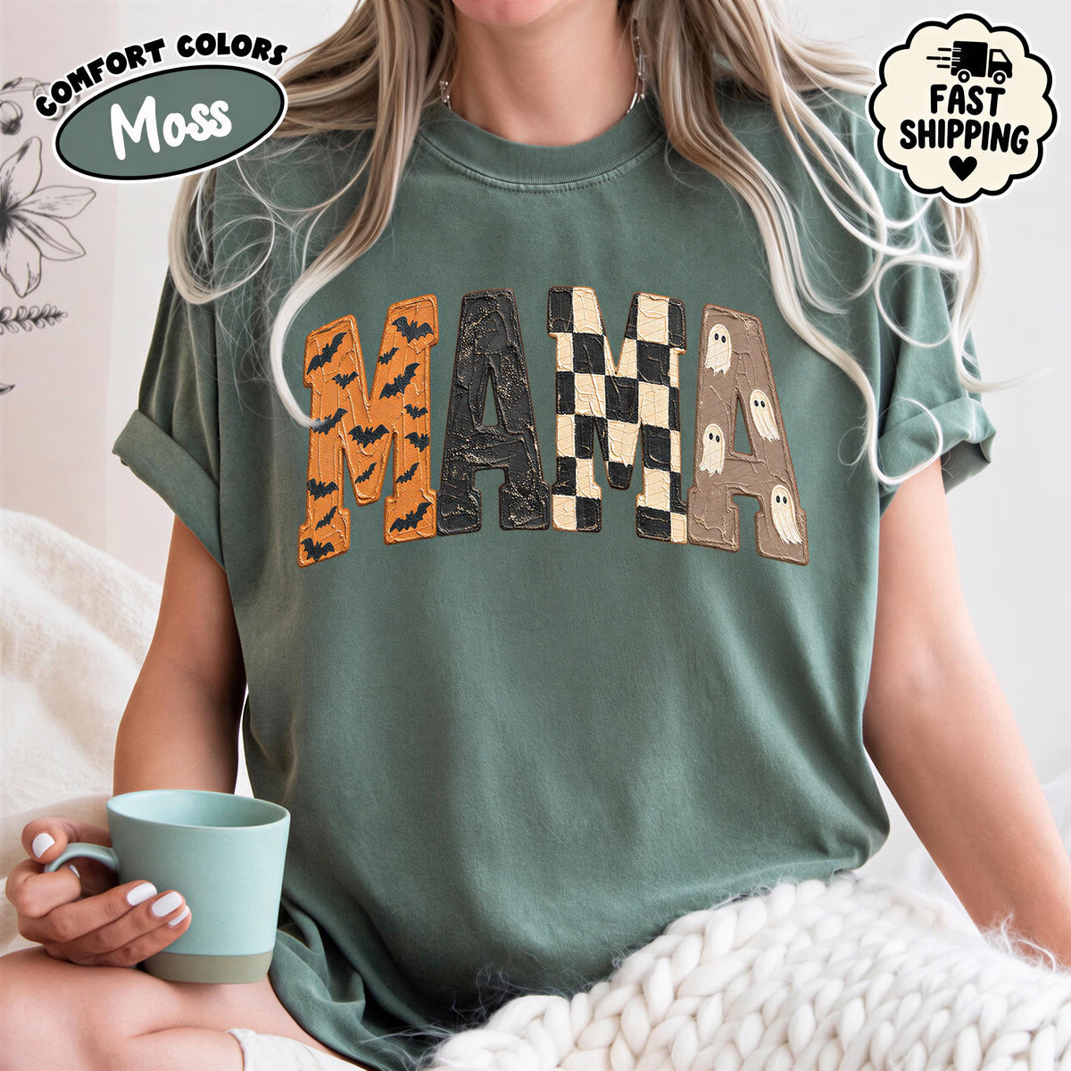 Comfort Color Halloween Mama Spooky Mom Tee Bat Ghost Checkered Letters Fall Mother Boo Q1045 (3)