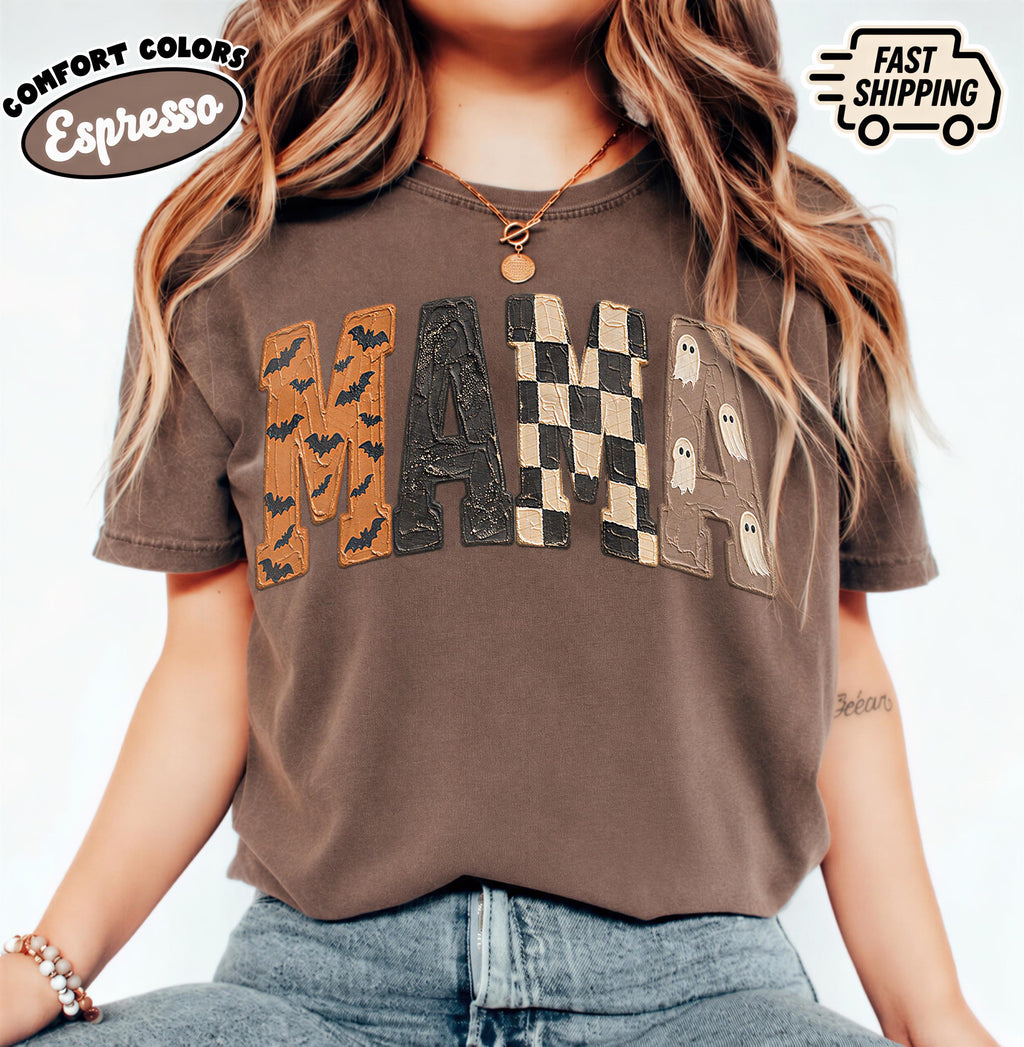 Comfort Color Halloween Mama Spooky Mom Tee Bat Ghost Checkered Letters Fall Mother Boo Q1045 (4)