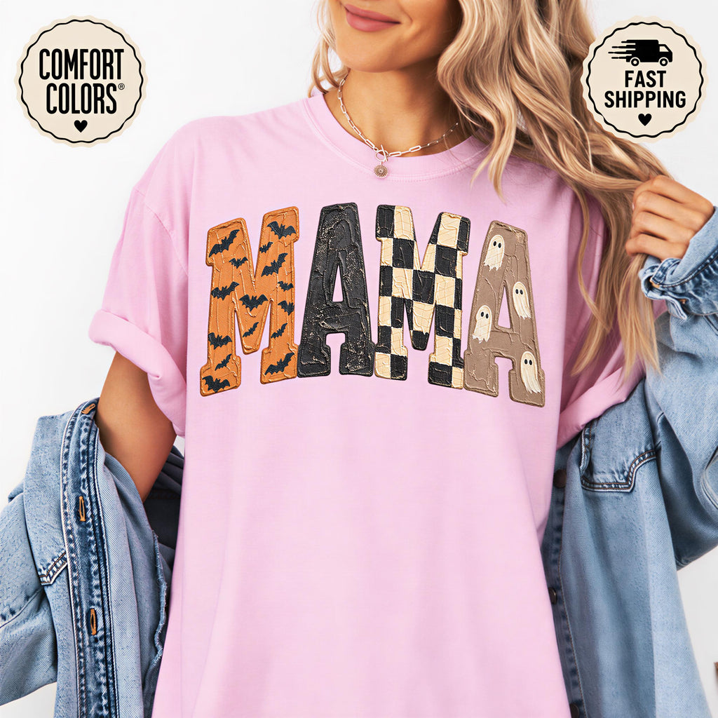 Comfort Color Halloween Mama Spooky Mom Tee Bat Ghost Checkered Letters Fall Mother Boo Q1045 (5)