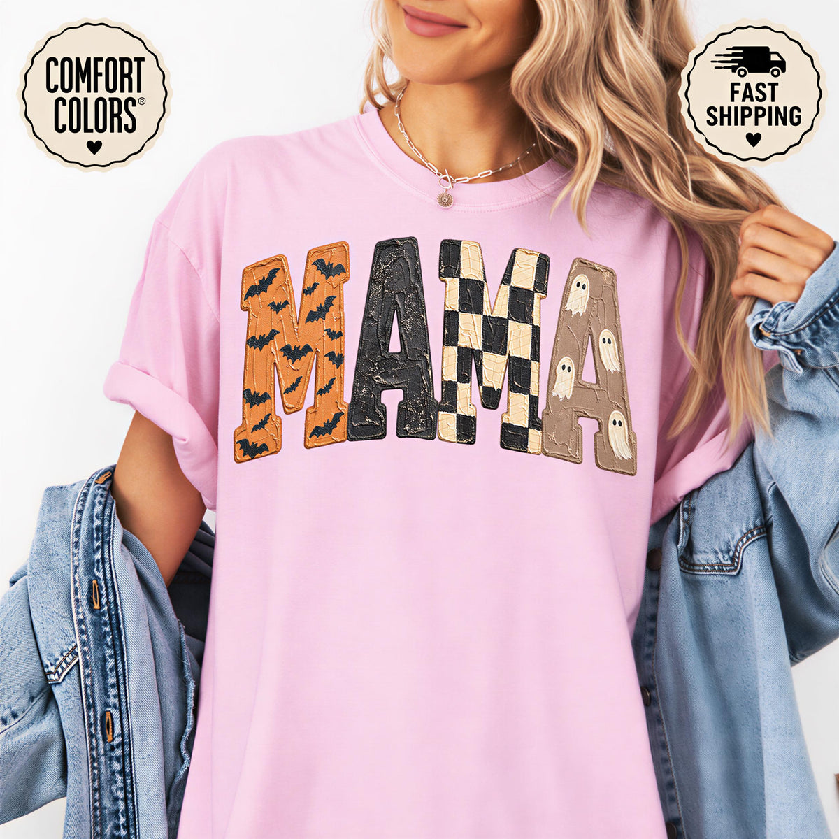 Comfort Color Halloween Mama Spooky Mom Tee Bat Ghost Checkered Letters Fall Mother Boo Q1045 (5)