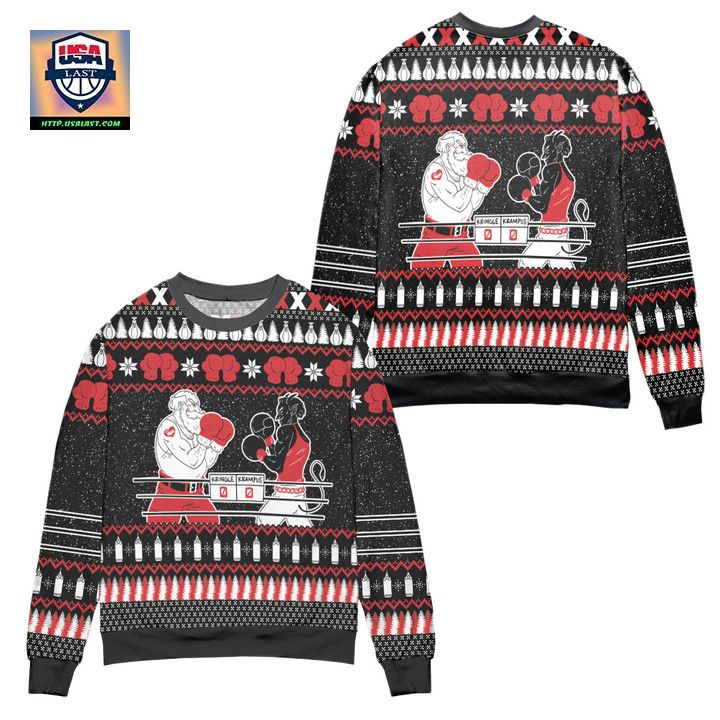 Krampus vs Kringle Pine Tree Snowflake Pattern Ugly Christmas Sweater Black