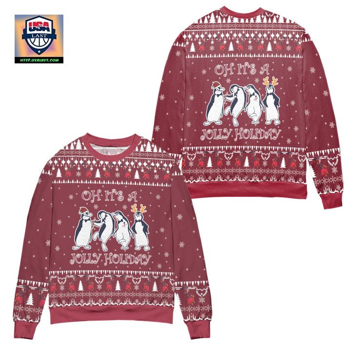 Mary Poppins Oh Its A Jolly Holiday Penguins Ugly Christmas Sweater Red