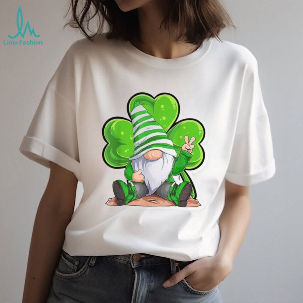Peaceful Garden Gnome with Shamrock and Peace Sign Design T Shirt