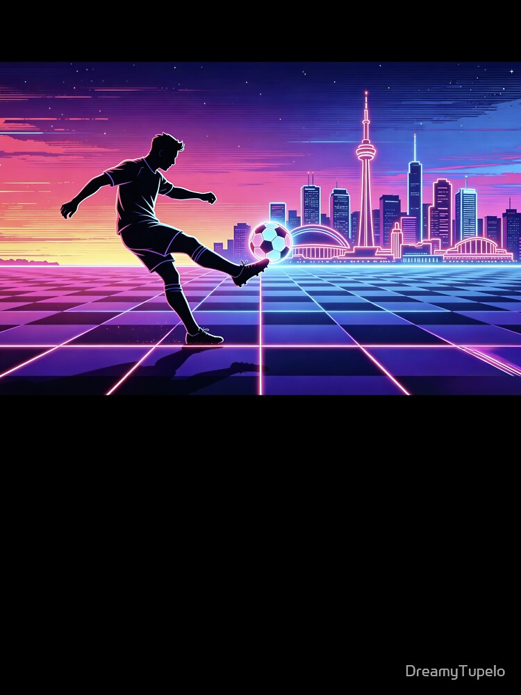 Neon Soccer Player Silhouette Retro City Skyline Sports T-Shirt by DreamyTupelo